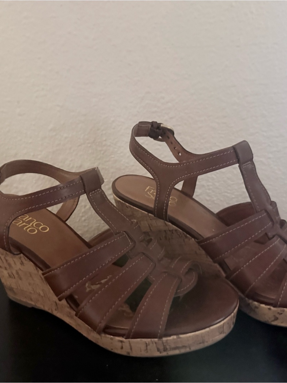 Franco Sarto Brown Leather Cork Wedge Sandals